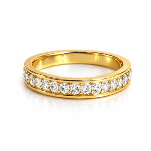 Close angle view of natural diamond eternity ring in polished yellow gold for women Pakistan