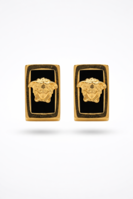 Medusa Square Gold Earrings with black enamel, luxury designer jewelry for women, Zaneeza Pakistan
