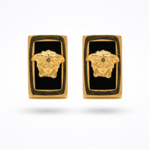 Medusa Square Gold Earrings with black enamel, luxury designer jewelry for women, Zaneeza Pakistan