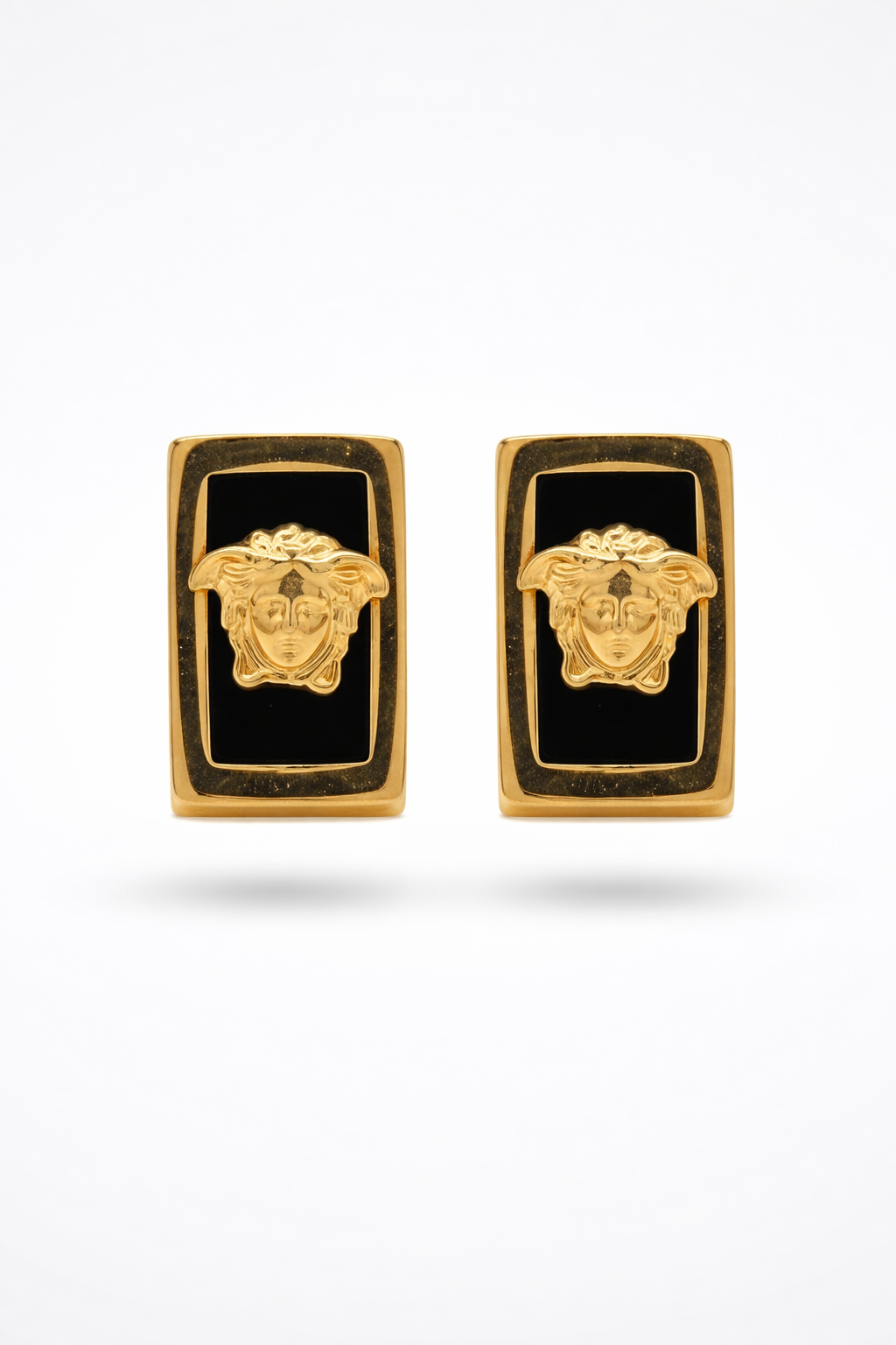 Medusa Square Gold Earrings with black enamel, luxury designer jewelry for women, Zaneeza Pakistan