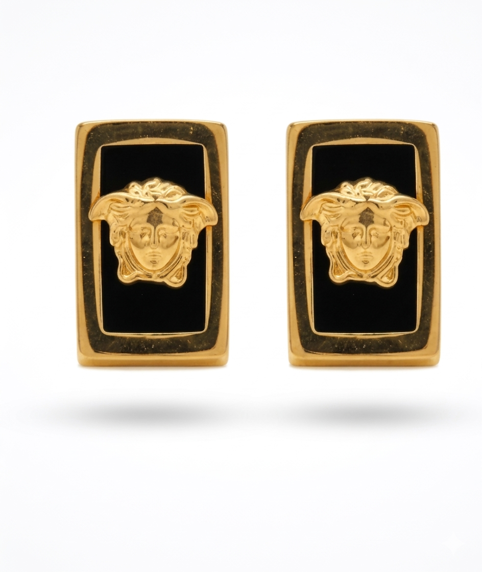Medusa Square Gold Earrings with black enamel, luxury designer jewelry for women, Zaneeza Pakistan