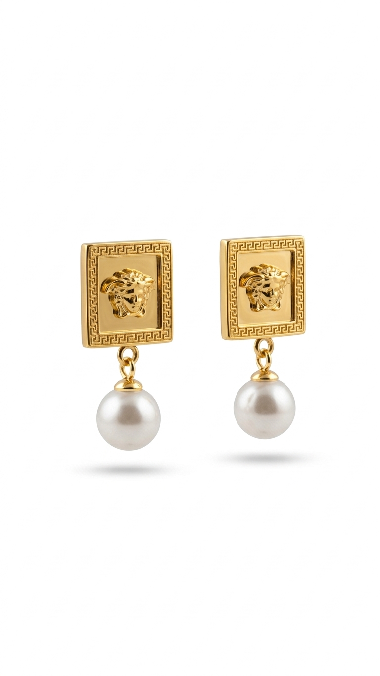 Medusa Square Pearl Earrings gold plated luxury jewelry Pakistan