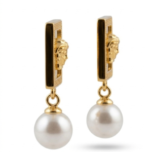 Medusa Square Pearl Earrings side pose gold plated luxury jewelry Pakistan