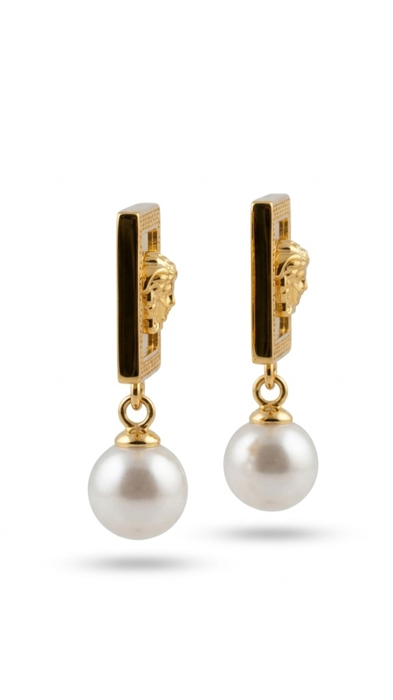 Medusa Square Pearl Earrings side pose gold plated luxury jewelry Pakistan